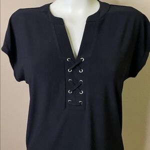 LOVE SCARLETT Black Lace-Up Front black lightweight knit blouse Top S